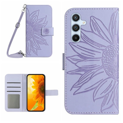 For Samsung Galaxy A24 4G HT04 Skin Feel Sun Flower Embossed Flip Leather Phone Case with Lanyard(Purple) - Galaxy Phone Cases by buy2fix | Online Shopping UK | buy2fix