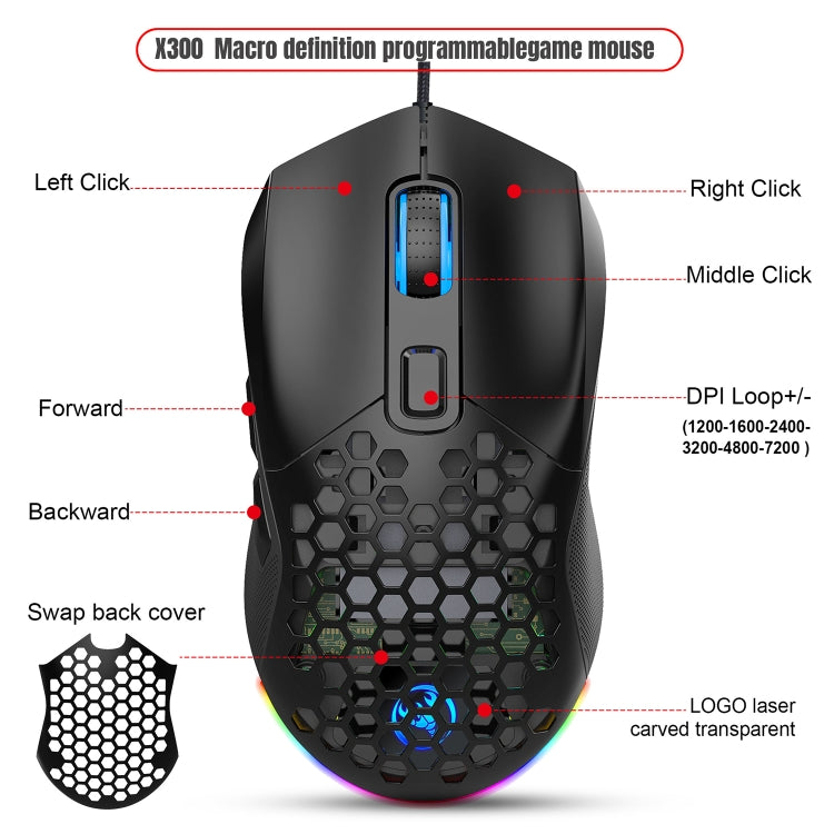 HXSJ X300 7200DPI RGB Backlight Interchangeable Back Cover Hole Gaming Wired Mouse(Black) - Wired Mice by HXSJ | Online Shopping UK | buy2fix