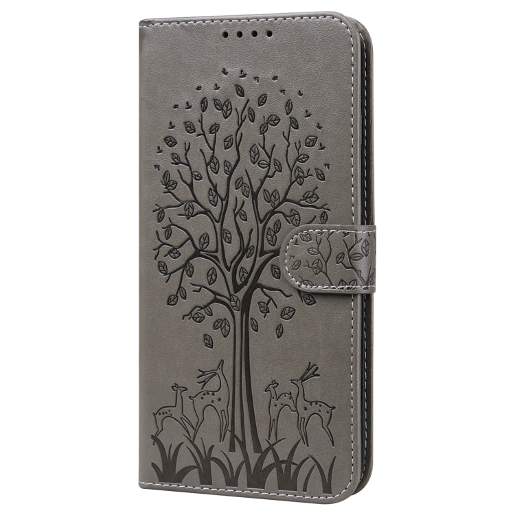 For Samsung Galaxy A54 5G Tree & Deer Pattern Pressed Printing Horizontal Flip Leather Phone Case(Grey) - Galaxy Phone Cases by buy2fix | Online Shopping UK | buy2fix