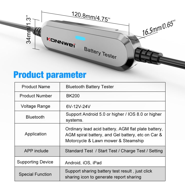 KONNWEI BK200 6V/12V/24V Car Bluetooth Battery Tester(Silver) - In Car by KONNWEI | Online Shopping UK | buy2fix