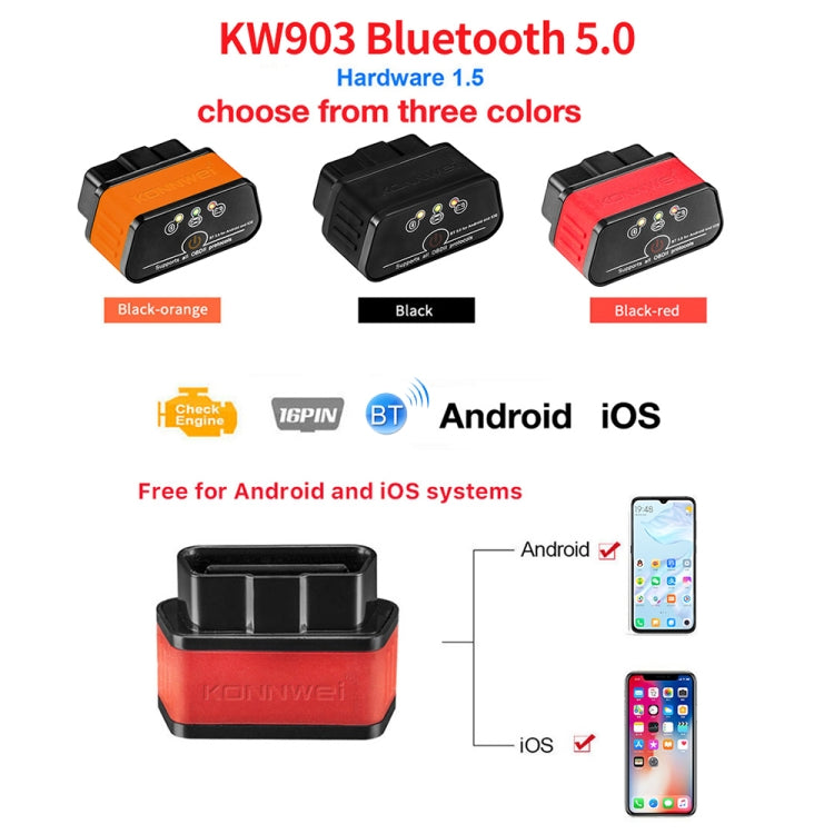 KONNWEI KW903 Bluetooth 5.0 OBD2 Car Fault Diagnostic Scan Tools Support IOS / Android(Black) - In Car by KONNWEI | Online Shopping UK | buy2fix