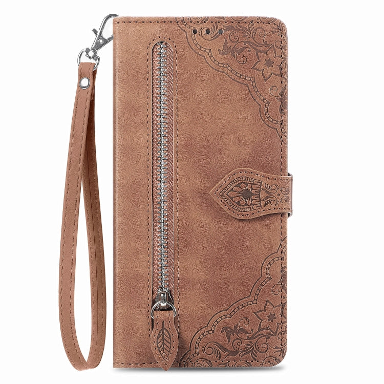 For TCL 40 SE Embossed Flower Zipper Leather Phone Case(Brown) - More Brand by buy2fix | Online Shopping UK | buy2fix