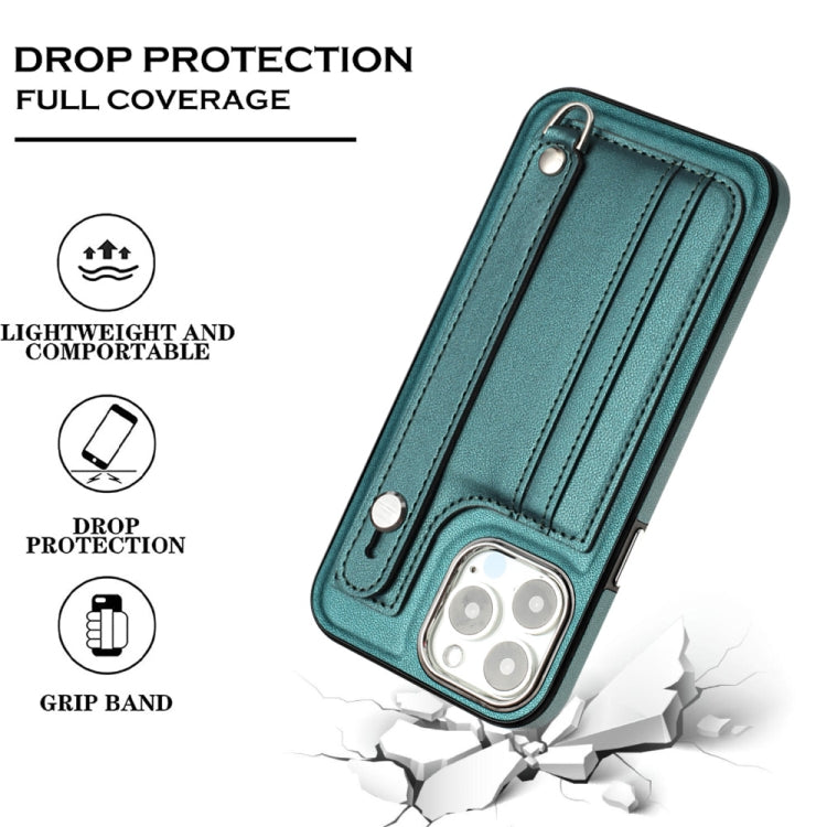 For iPhone 13 Pro Max Shockproof Leather Phone Case with Wrist Strap(Green) - iPhone 13 Pro Max Cases by buy2fix | Online Shopping UK | buy2fix