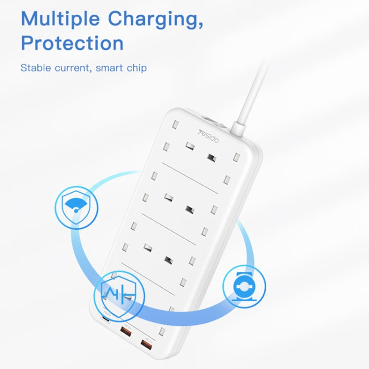 Yesido MC-16 8 Plugs + PD 20W+2 QC3.0 Ports 3250W High Power Fast Charging Socket(UK Plug) - Extension Socket by Yesido | Online Shopping UK | buy2fix