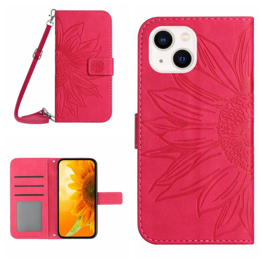 For iPhone 15 Plus Skin Feel Sun Flower Embossed Flip Leather Phone Case with Lanyard(Rose Red) - iPhone 15 Plus Cases by buy2fix | Online Shopping UK | buy2fix