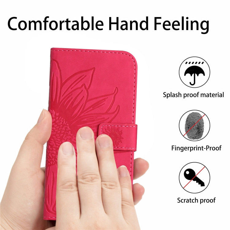 For iPhone 15 Pro Max Skin Feel Sun Flower Embossed Flip Leather Phone Case with Lanyard(Rose Red) - iPhone 15 Pro Max Cases by buy2fix | Online Shopping UK | buy2fix