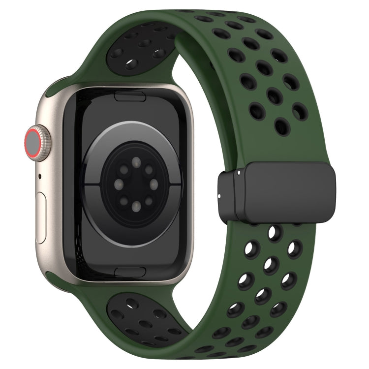 For Apple Watch Series 9 41mm Magnetic Buckle Silicone Watch Band(Army Green Black) - Watch Bands by buy2fix | Online Shopping UK | buy2fix