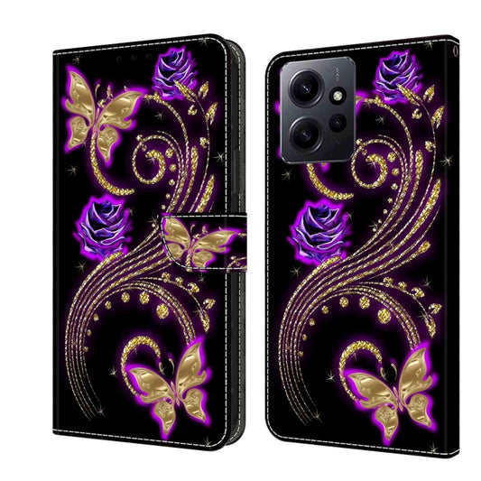 For Xiaomi Redmi Note 12 4G Crystal 3D Shockproof Protective Leather Phone Case(Purple Flower Butterfly) - Xiaomi Cases by buy2fix | Online Shopping UK | buy2fix