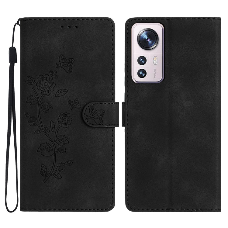 For Xiaomi 12 Pro Flower Butterfly Embossing Pattern Leather Phone Case(Black) - 12 Pro Cases by buy2fix | Online Shopping UK | buy2fix