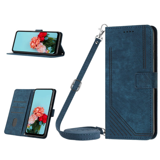 For Infinix Hot 30 Skin Feel Stripe Pattern Leather Phone Case with Lanyard(Blue) - Infinix Cases by buy2fix | Online Shopping UK | buy2fix