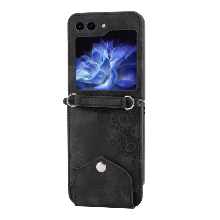 For Samsung Galaxy Z Flip5 Skin Feel Flowers Embossed Wallet Leather Phone Case(Black) - Galaxy Z Flip5 Cases by buy2fix | Online Shopping UK | buy2fix