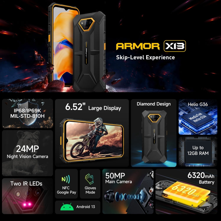 Ulefone Armor X13, 6GB+64GB, IP68/IP69K Rugged Phone, 6.52 inch Android 13 MediaTek Helio G36 Octa Core, Network: 4G, NFC, OTG(All Black) - Ulefone by Ulefone | Online Shopping UK | buy2fix