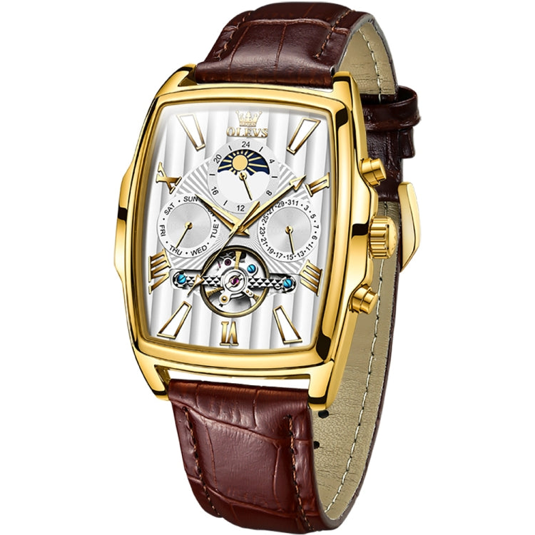 OLEVS 6675 Men Multifunctional Moon Phase Tourbillon Mechanical Watch(White + Gold) - Leather Strap Watches by OLEVS | Online Shopping UK | buy2fix