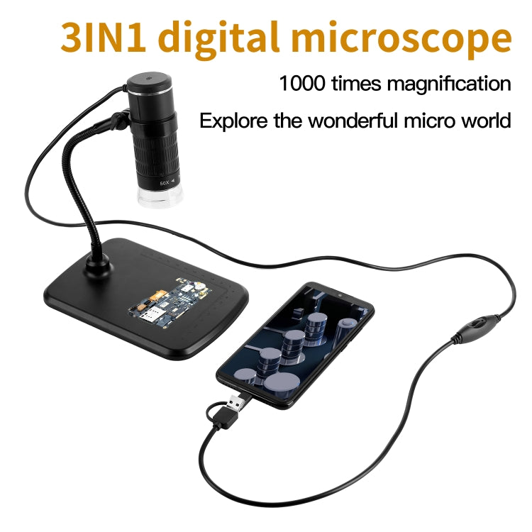 AN104 1000X 3 in 1 Digital Microscope with Helical Tube Bracket - Digital Microscope by buy2fix | Online Shopping UK | buy2fix