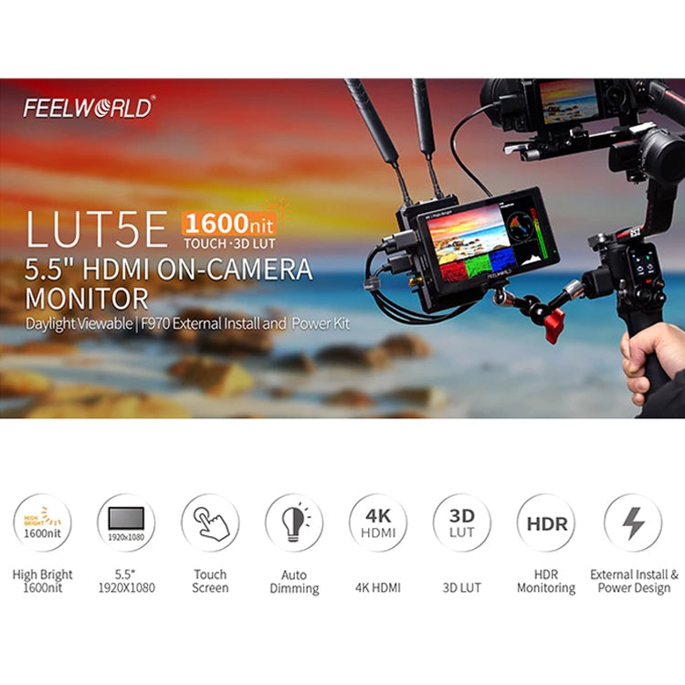 FEELWORLD LUT5E 5.5 inch High Bright 1600nit Touch Screen DSLR Camera Field Monitor F970 External Power and Install Kit 4K HDMI 1920X1080 IPS Panel(Black) - On-camera Monitors by FEELWORLD | Online Shopping UK | buy2fix