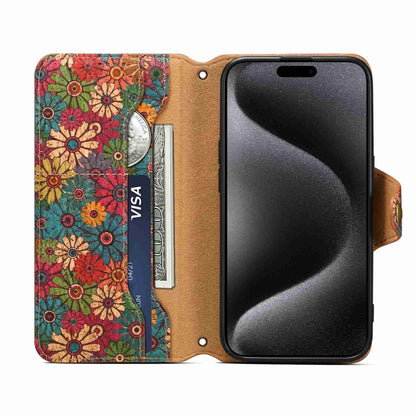 For iPhone 15 Pro Max Denior Flower Language Series Cork Fabric Oil Edge Leather Phone Case(Spring) - iPhone 15 Pro Max Cases by Denior | Online Shopping UK | buy2fix