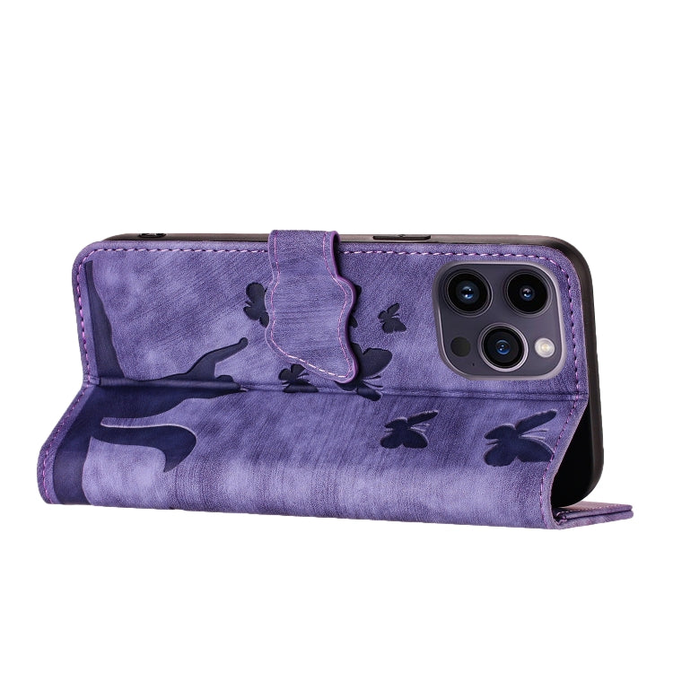 For iPhone 15 Pro Max Butterfly Cat Embossing Flip Leather Phone Case(Purple) - iPhone 15 Pro Max Cases by buy2fix | Online Shopping UK | buy2fix