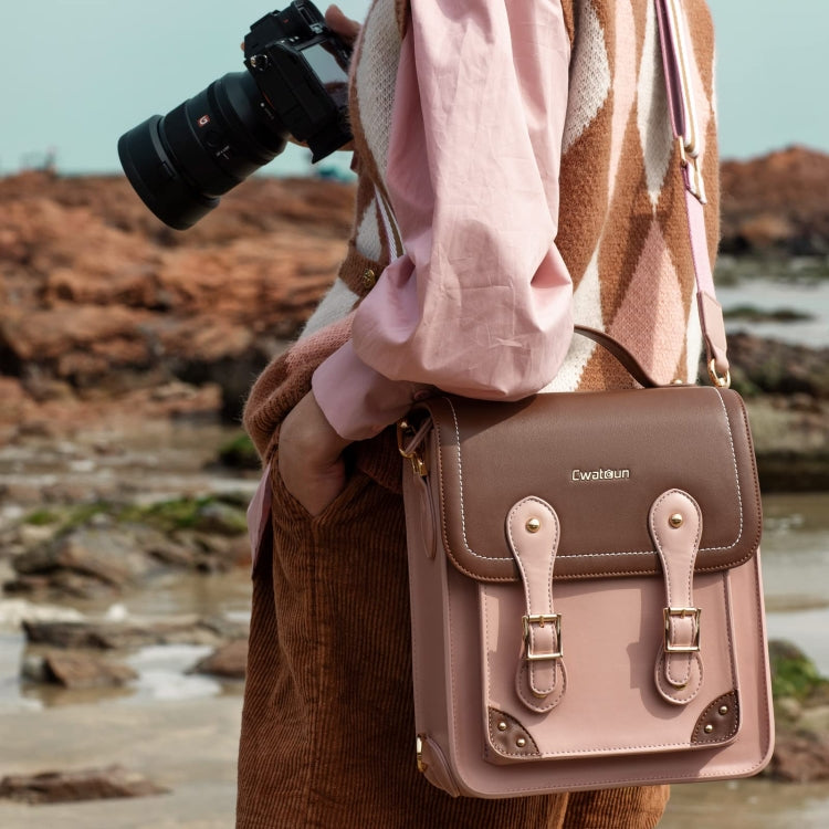 Cwatcun D81 Retro Camera Crossbody Bag Vintage PU Leather Waterproof Camera Handbag(Brown Pink) - Backpack by Cwatcun | Online Shopping UK | buy2fix