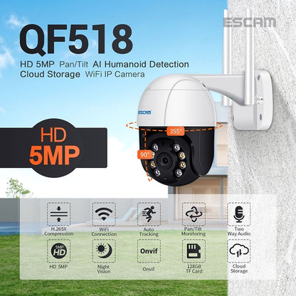 ESCAM QF518 5MP Smart WiFi IP Camera, Support AI Humanoid Detection / Auto Tracking / Dual Light Night Vision / Cloud Storage / Two Way Audio / TF Card, Plug:US Plug(White) - Security by ESCAM | Online Shopping UK | buy2fix