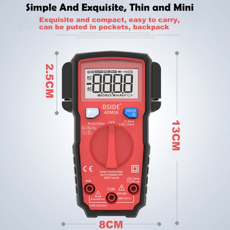 BSIDE ADMS6 High-precision Fully Automatic Small Digital Intelligent Multimeter with HD Digital Display & Shockproof Cover, Support Function Range Switch & Double-sided Pen Holder (Red) - Consumer Electronics by buy2fix | Online Shopping UK | buy2fix