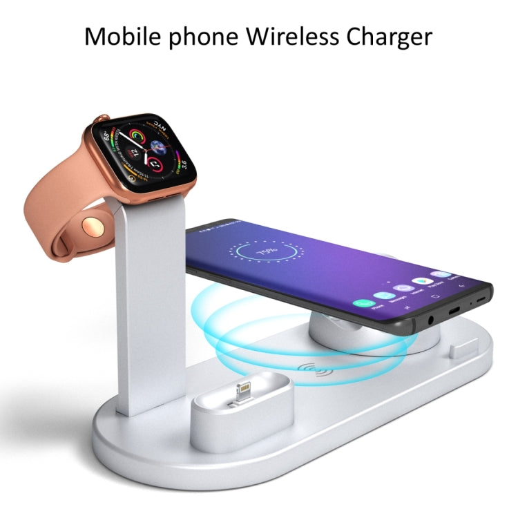 HQ-UD15 5 in 1 8 Pin + Micro USB + USB-C / Type-C Interfaces + 8 Pin Earphone Charging Interface + Wireless Charging Charger Base with Watch Stand(Silver) - Multifunction Charger by buy2fix | Online Shopping UK | buy2fix