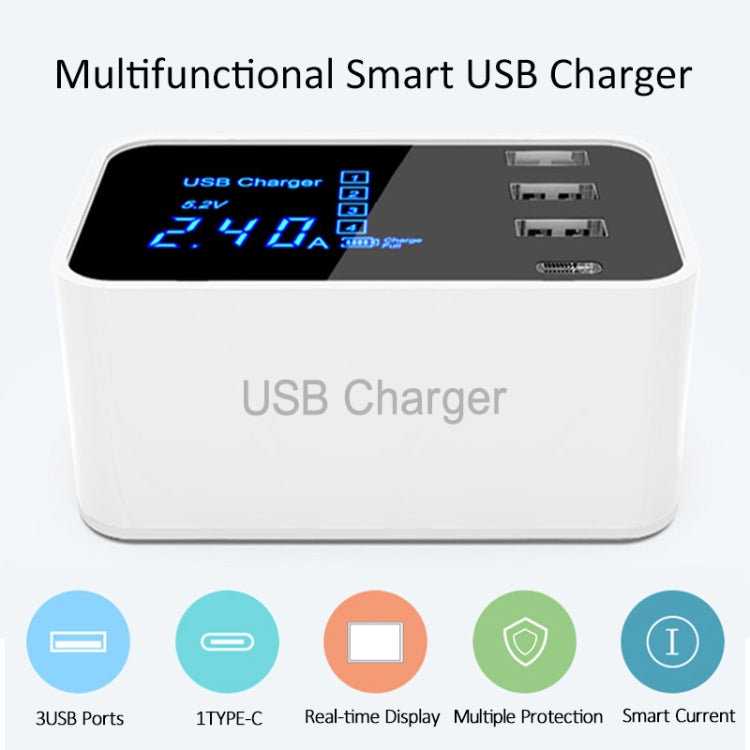 CDA30 20W 3 USB Ports + USB-C / Type-C Ports Multi-function Charger with LED Display, US Plug - Multifunction Charger by buy2fix | Online Shopping UK | buy2fix