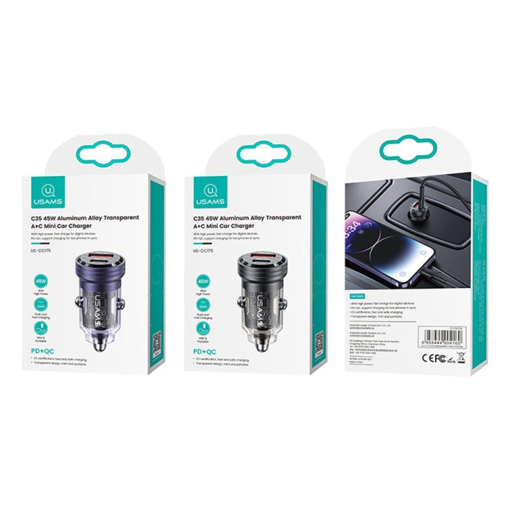 USAMS US-CC175 C35 45W Aluminum Alloy Transparent Dual USB Port Mini Car Charger (Black) - Car Charger by USAMS | Online Shopping UK | buy2fix