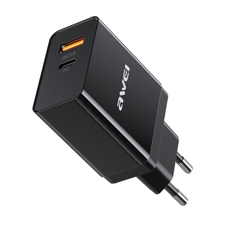 awei C-980 18W PD USB-C / Type-C + QC 3.0 USB Interface Fast Charging Travel Charger, EU Plug(Black) - Apple Accessories by awei | Online Shopping UK | buy2fix