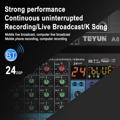 TEYUN NA8 8-channel Small Mixing Console Mobile Phone Sound Card Live Broadcast Computer Recording Console Processor, US Plug(Black) - Consumer Electronics by TEYUN | Online Shopping UK | buy2fix