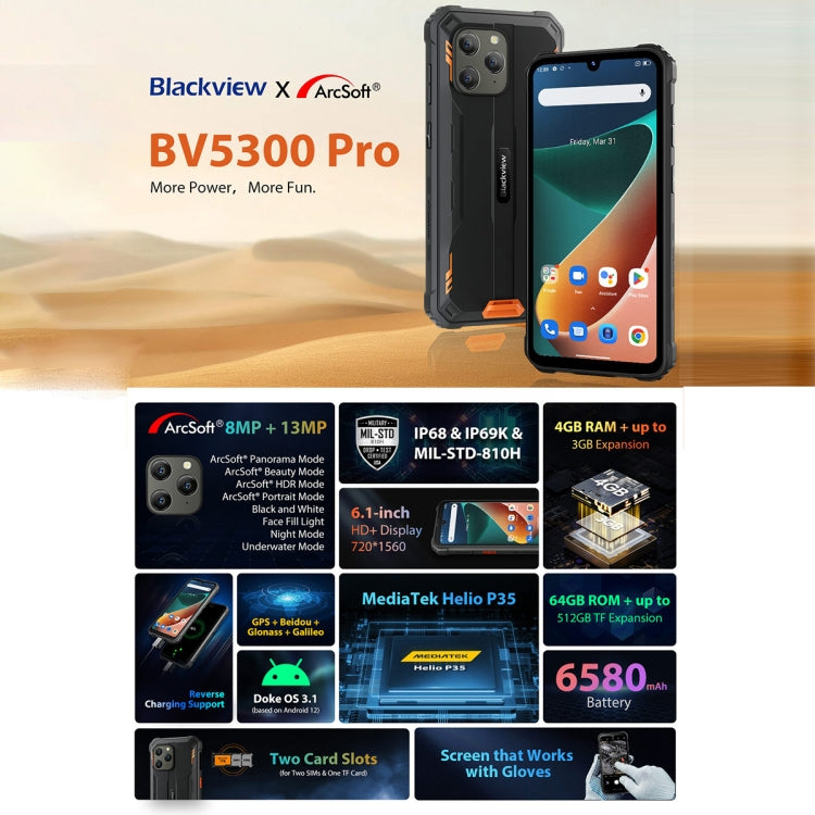 Blackview BV5300 Pro Rugged Phone, 4GB+64GB, IP68/IP69K/MIL-STD-810H, Face Unlock, 6580mAh Battery, 6.1 inch Android 12 MTK6765 Helio P35 Octa Core up to 2.3GHz, Network: 4G, OTG, NFC, Dual SIM(Orange) - Blackview by Blackview | Online Shopping UK | buy2fix