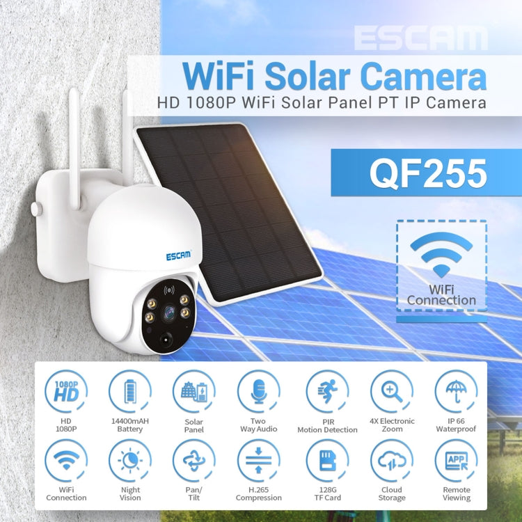 ESCAM QF255 2.0 Million Pixels 1080P HD WiFi Solar Camera, Support Two-way Voice & PIR Motion Detection & Night Vision & TF Card - Security by ESCAM | Online Shopping UK | buy2fix