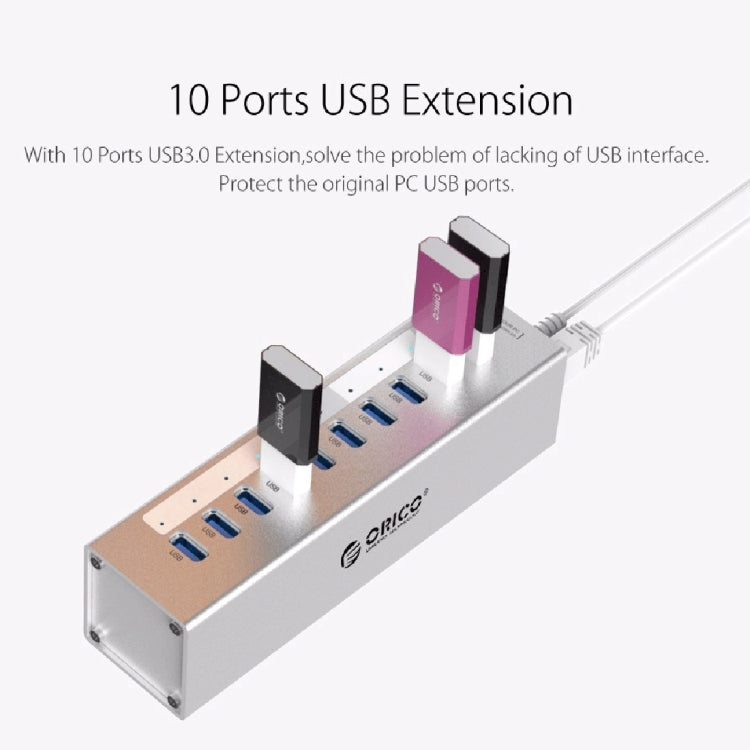 ORICO A3H10 Aluminum High Speed 10 Ports USB 3.0 HUB with Power Adapter for Laptops(Black) - USB 3.0 HUB by ORICO | Online Shopping UK | buy2fix