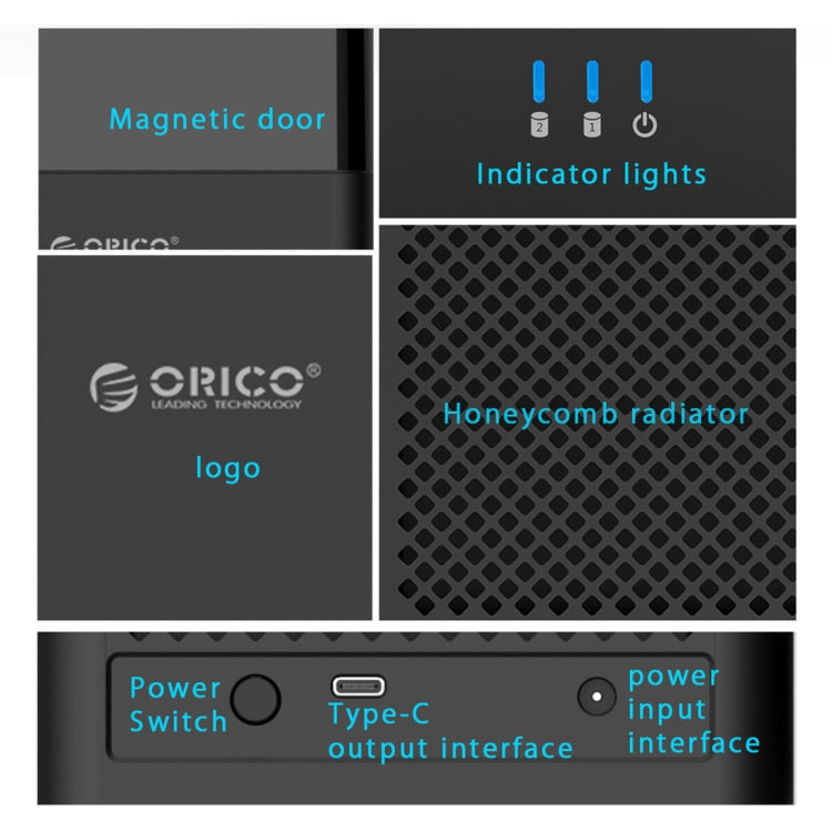 ORICO DS200C3 3.5 inch 2 Bay Magnetic-type USB-C / Type-C Hard Drive Enclosure with Blue LED Indicator(Black) - HDD Enclosure by ORICO | Online Shopping UK | buy2fix