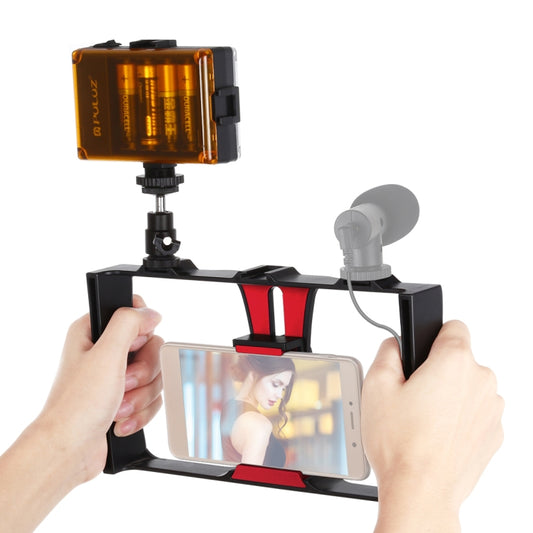 PULUZ 2 in 1 Vlogging Live Broadcast LED Selfie Light Smartphone Video Rig Kits with Cold Shoe Tripod Head for iPhone, Galaxy, Huawei, Xiaomi, HTC, LG, Google, and Other Smartphones(Red) - Camera Cage by PULUZ | Online Shopping UK | buy2fix