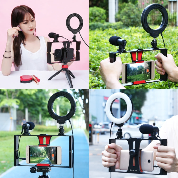 PULUZ 4 in 1 Vlogging Live Broadcast Smartphone Video Rig + 4.7 inch 12cm Ring LED Selfie Light Kits with Microphone + Tripod Mount + Cold Shoe Tripod Head for iPhone, Galaxy, Huawei, Xiaomi, HTC, LG, Google, and Other Smartphones(Red) - Camera Accessories by PULUZ | Online Shopping UK | buy2fix