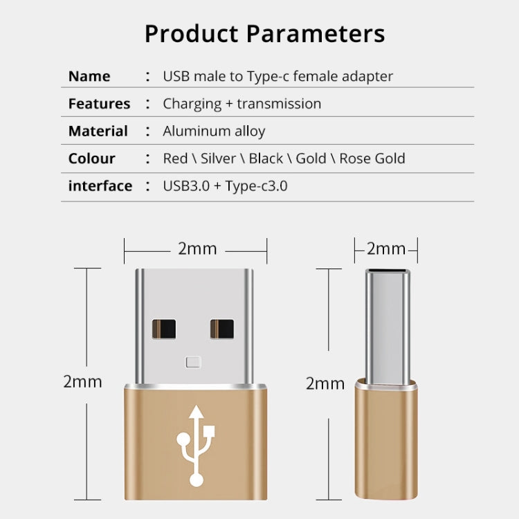 USB-C / Type-C Female to USB 3.0 Male Aluminum Alloy Adapter, Support Charging & Transmission Data(Gold) - Type-C Adapter by buy2fix | Online Shopping UK | buy2fix