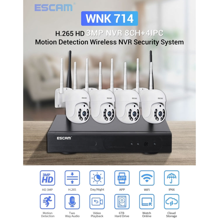 ESCAM WNK714 3.0 Million Pixels 4-channel HD Dome Camera NVR Wireless Monitoring Kit, US Plug - Video Recorder Kit by ESCAM | Online Shopping UK | buy2fix