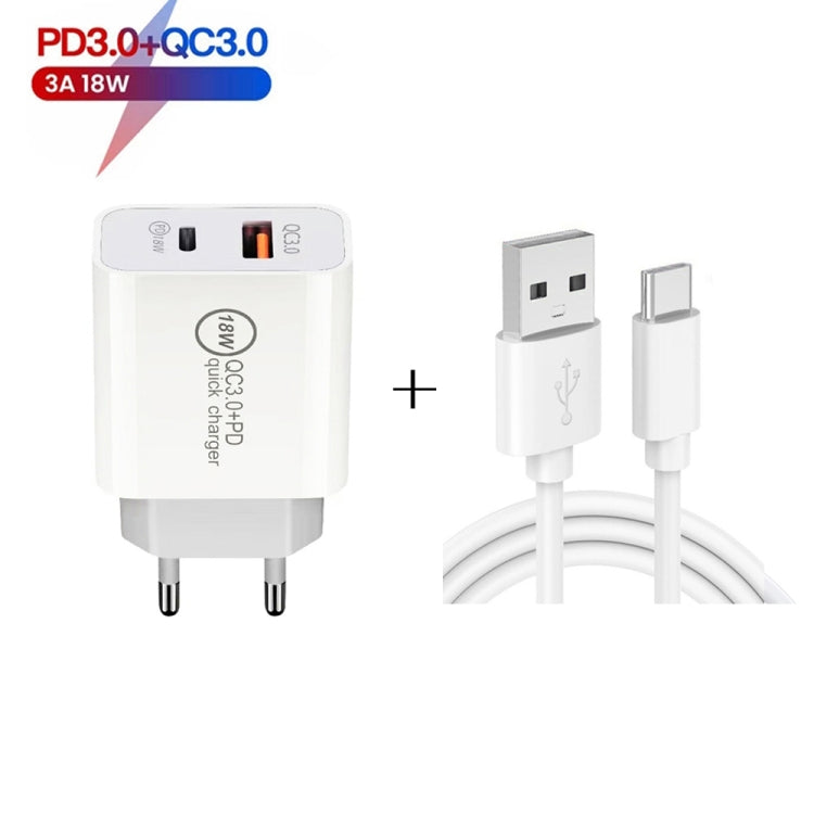 SDC-18W 18W PD 3.0 Type-C / USB-C + QC 3.0 USB Dual Fast Charging Universal Travel Charger with USB to Type-C / USB-C Fast Charging Data Cable, EU Plug - Mobile Accessories by buy2fix | Online Shopping UK | buy2fix