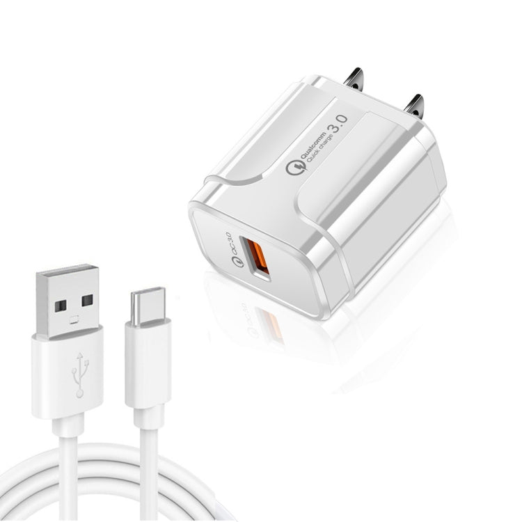 LZ-023 18W  QC3.0 USB Portable Travel Charger + 3A USB to Type-C Data Cable, US Plug(White) - Mobile Accessories by buy2fix | Online Shopping UK | buy2fix