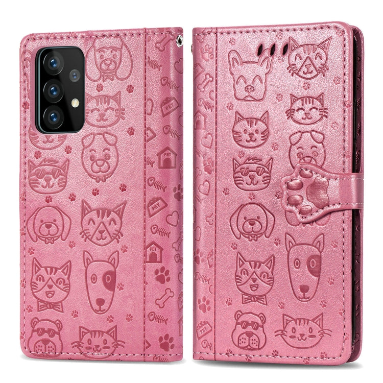 For Samsung Galaxy A52 5G/4G Cute Cat and Dog Embossed Horizontal Flip Leather Case with Holder & Card Slots & Wallet & Crossbody Lanyard & Card Cover(Pink) - Galaxy Phone Cases by buy2fix | Online Shopping UK | buy2fix
