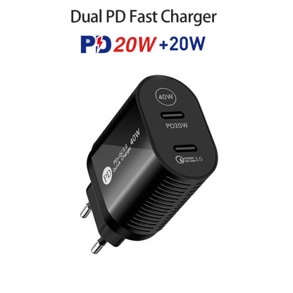 40W Dual Port PD / Type-C Fast Charger with Type-C to 8 Pin Data Cable, EU Plug(Black) - USB Charger by buy2fix | Online Shopping UK | buy2fix