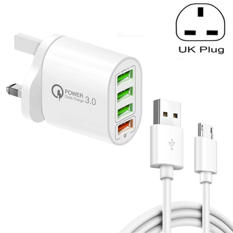 QC-04 QC3.0 + 3 x USB2.0 Multi-ports Charger with 3A USB to Micro USB Data Cable, UK Plug(White) - Mobile Accessories by buy2fix | Online Shopping UK | buy2fix