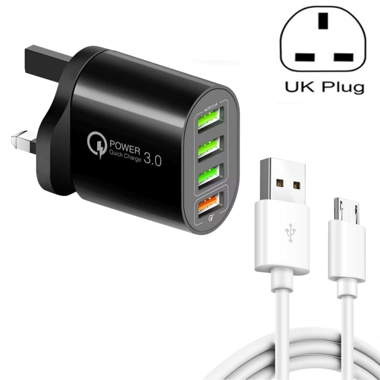 QC-04 QC3.0 + 3 x USB2.0 Multi-ports Charger with 3A USB to Micro USB Data Cable, UK Plug(Black) - Mobile Accessories by buy2fix | Online Shopping UK | buy2fix