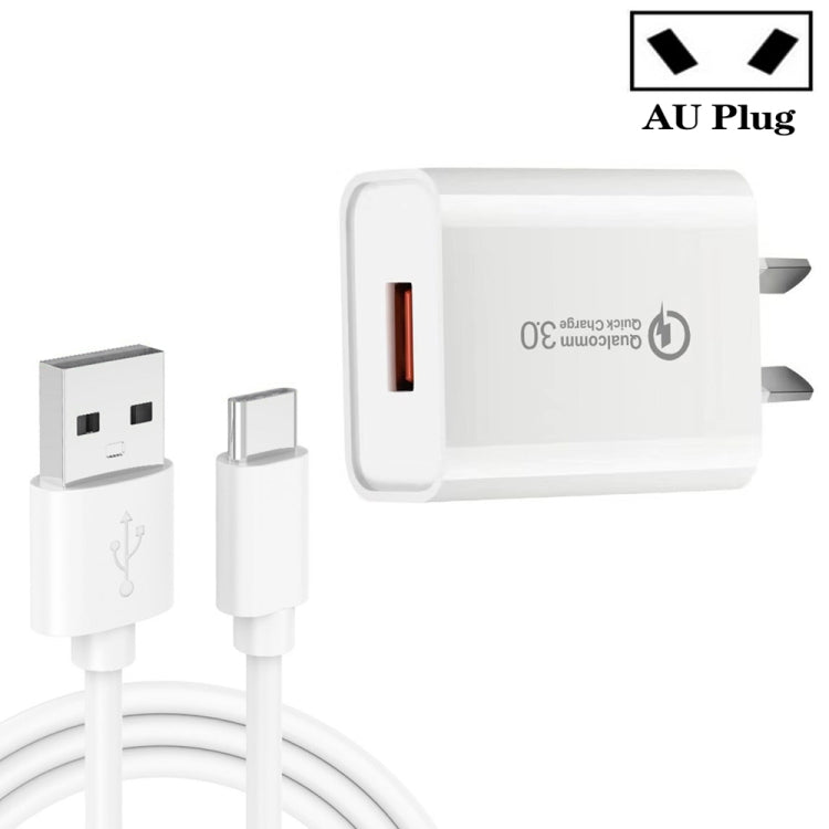 CA-25 QC3.0 USB 3A Fast Charger with 1m USB to Type-C Data Cable, AU Plug(White) - Mobile Accessories by buy2fix | Online Shopping UK | buy2fix