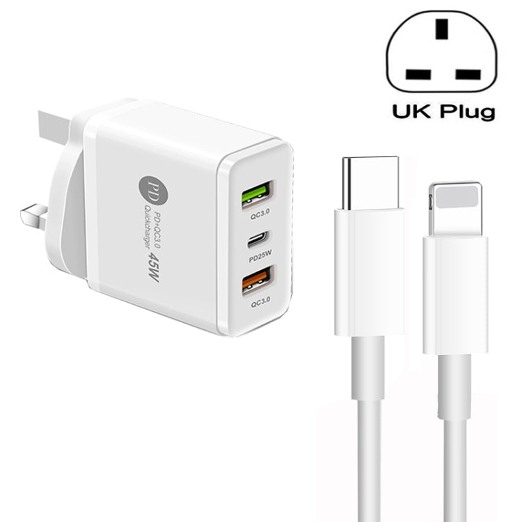 45W PD3.0 + 2 x QC3.0 USB Multi Port Charger with Type-C to 8 Pin Cable, UK Plug(White) - Apple Accessories by buy2fix | Online Shopping UK | buy2fix