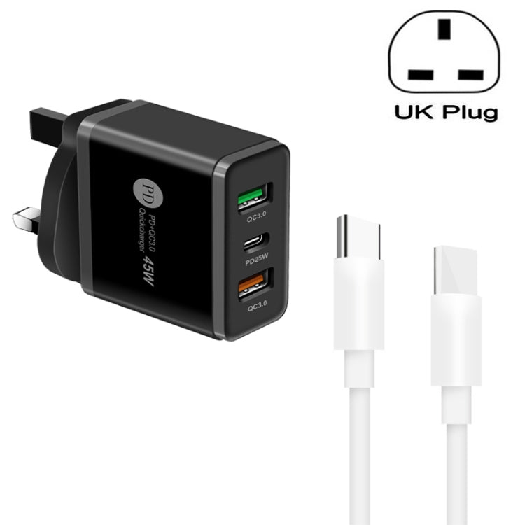 45W PD3.0 + 2 x QC3.0 USB Multi Port Charger with Type-C to Type-C Cable, UK Plug(Black) - Mobile Accessories by buy2fix | Online Shopping UK | buy2fix