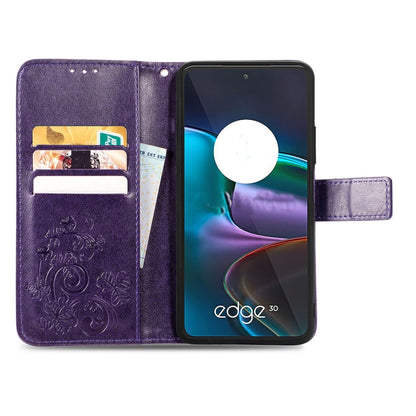 For Motorola Edge 30 Four-leaf Clasp Embossed Buckle Leather Phone Case(Purple) - Motorola Cases by buy2fix | Online Shopping UK | buy2fix