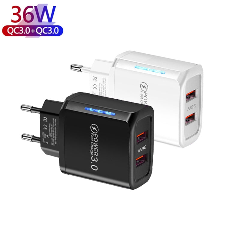 36W Dual Port QC3.0 USB Mobile Phone Charger Dual 18W Output, EU Plug(Black) - Apple Accessories by buy2fix | Online Shopping UK | buy2fix