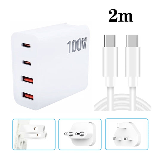 GaN 100W Dual USB + Dual USB-C/Type-C Multi Port Charger with 2m Type-C to Type-C Data Cable Set US / EU / UK Plug - Cable & Adapter by buy2fix | Online Shopping UK | buy2fix