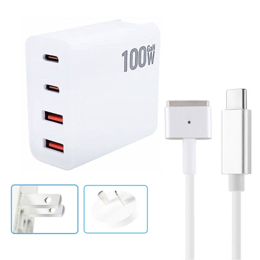 GaN 100W Dual USB-C/Type-C + Dual USB Multi Port Charger with  1.8m Type-C to MagSafe 2 / T Header Data Cable, Plug Size:US / AU Plug - Cable & Adapter by buy2fix | Online Shopping UK | buy2fix